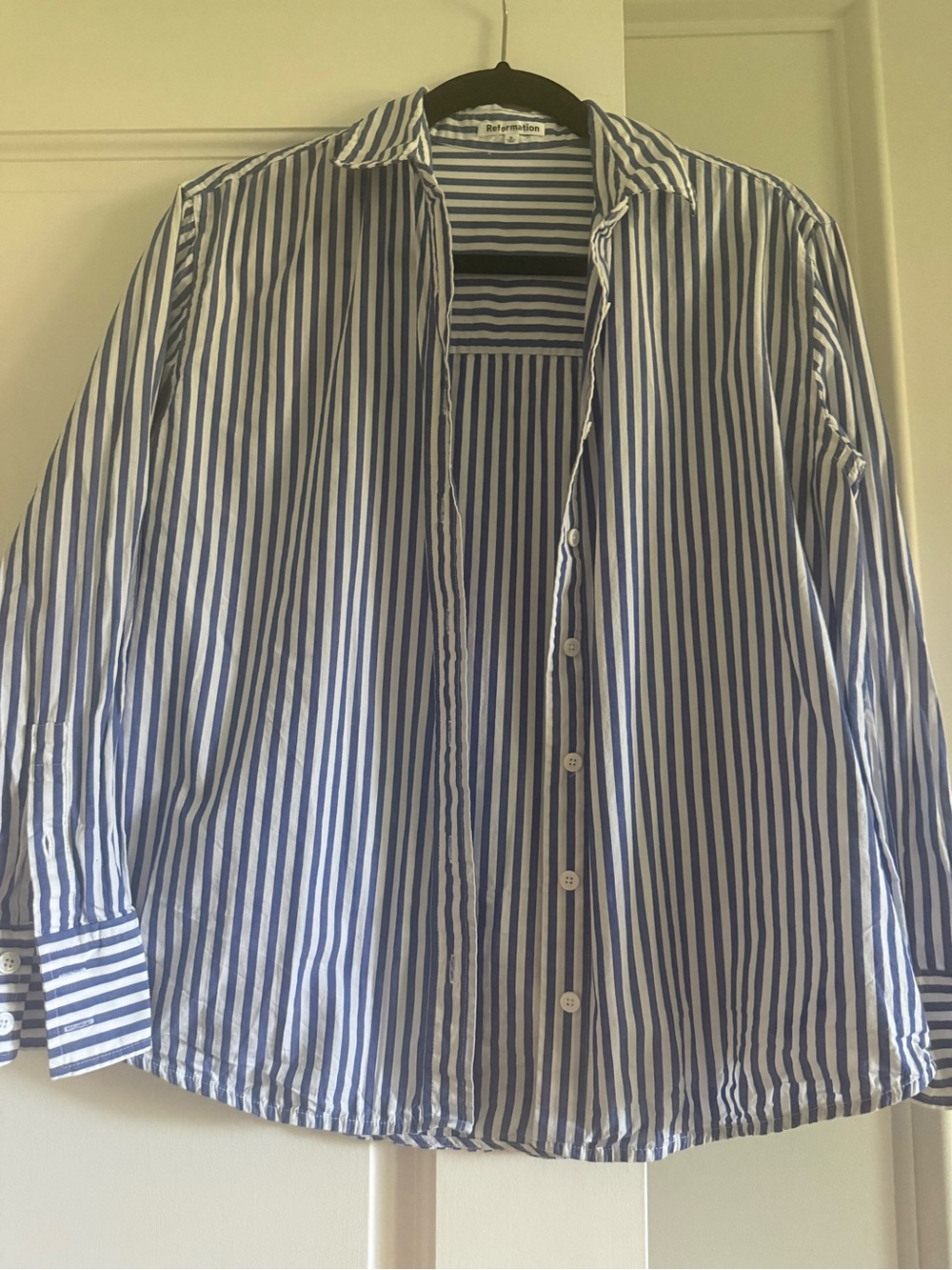 Reformation boxy cropped striped white blue shirt S cotton - Picture 5 of 10